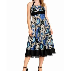 Vintage Y2K Dress Blue Black Paisley Satin Taffeta  Tulle Halter Strap Size 13